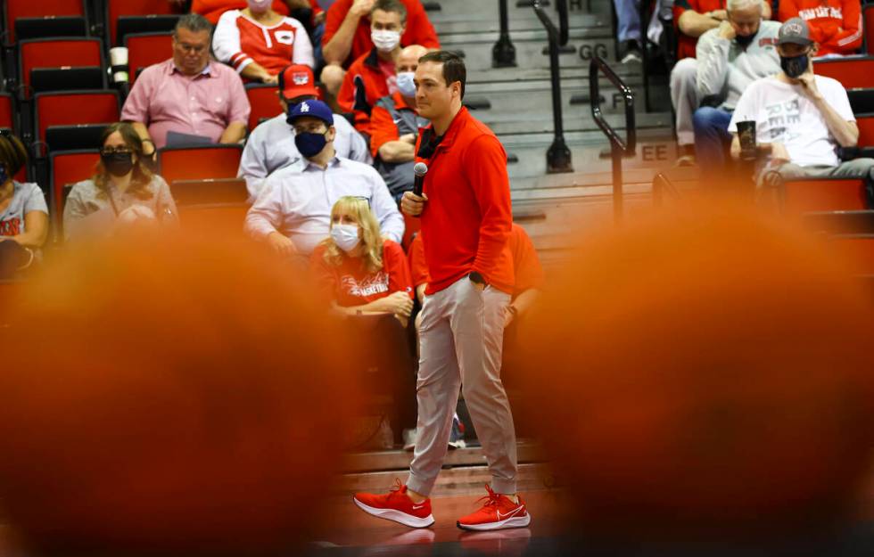 UNLV head coach Kevin Kruger looks on during an open basketball practice and fundraiser for for ...