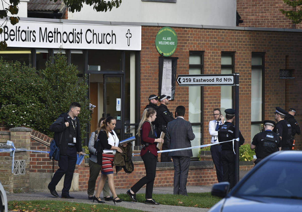 People leave the Belfairs Methodist Church in Eastwood Road North, where Conservative MP Sir Da ...