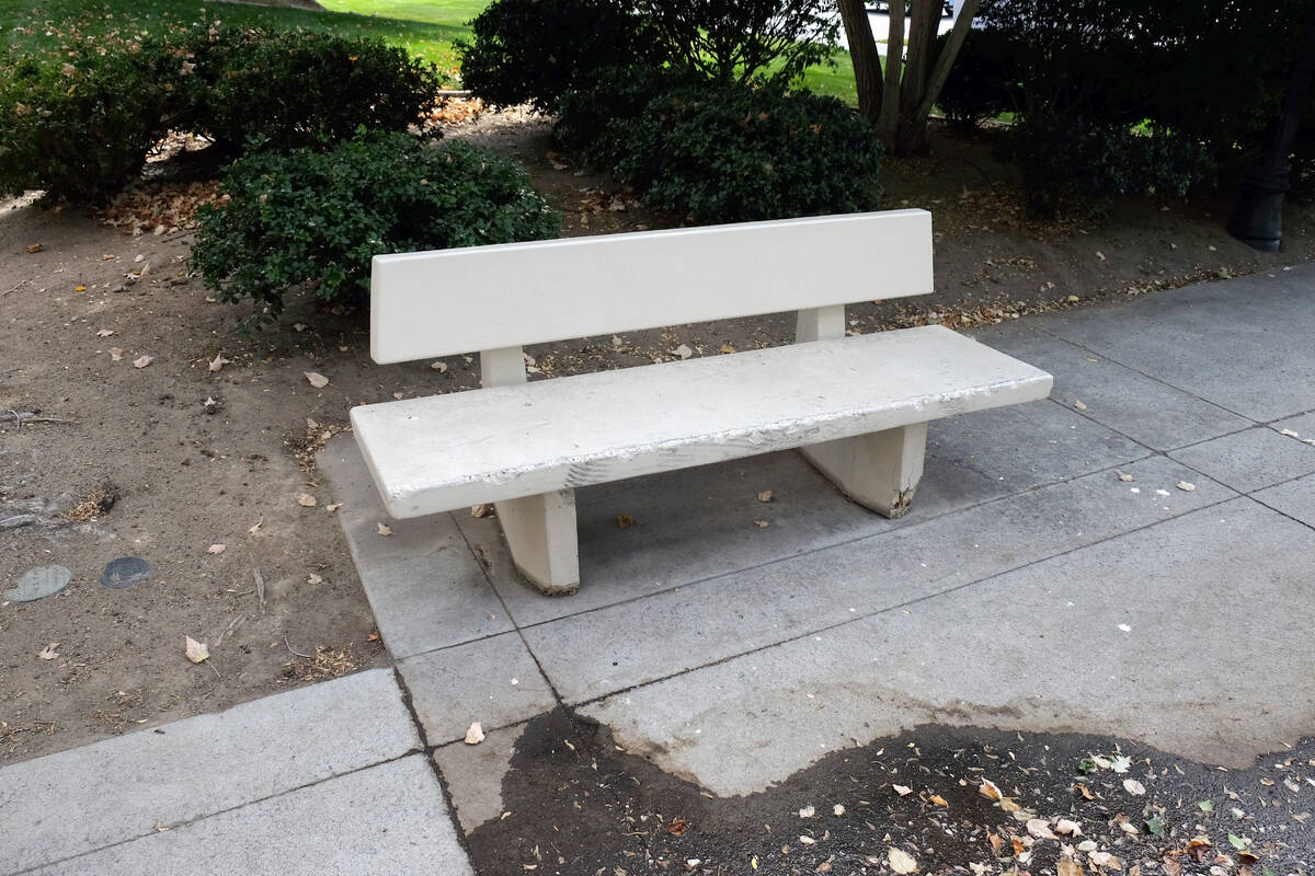 A weathered bench in front of the legislative building. October 7, 2021. (Bill Dentzer/Las Vega ...