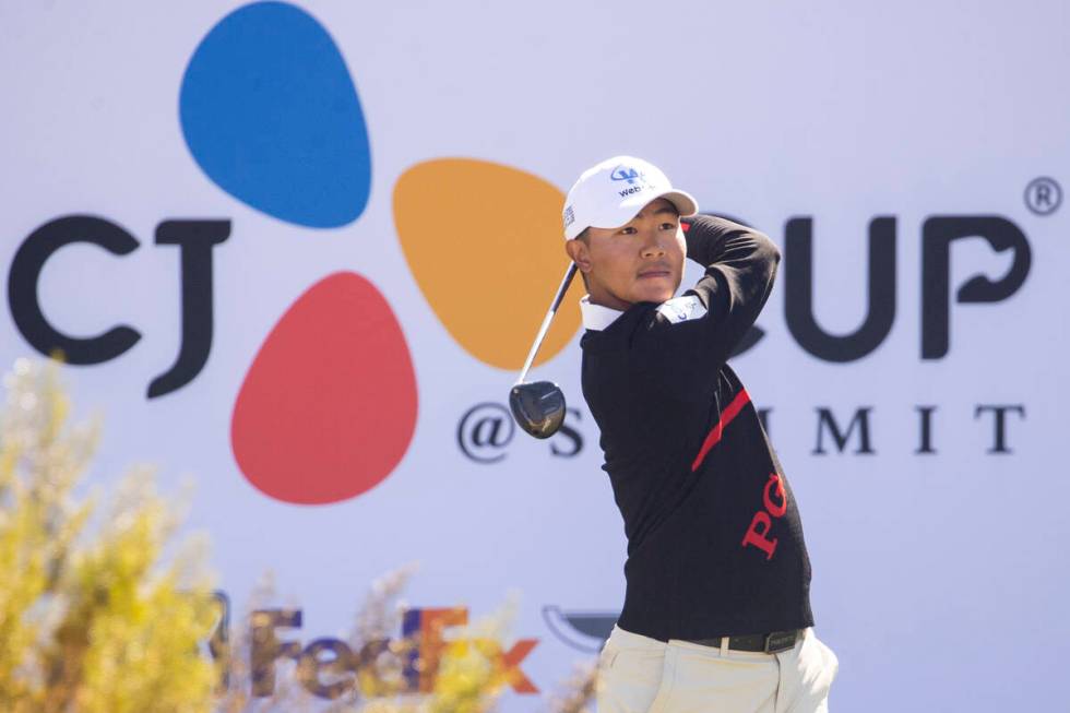 Seonghyeon Kim hits the ball from the 14th tee box during the second round of the CJ Cup golf t ...