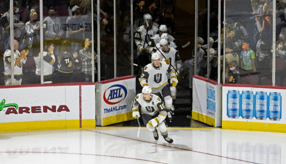 The Silver Knights take the ice before the start of an AHL hockey game against the Colorado Eag ...