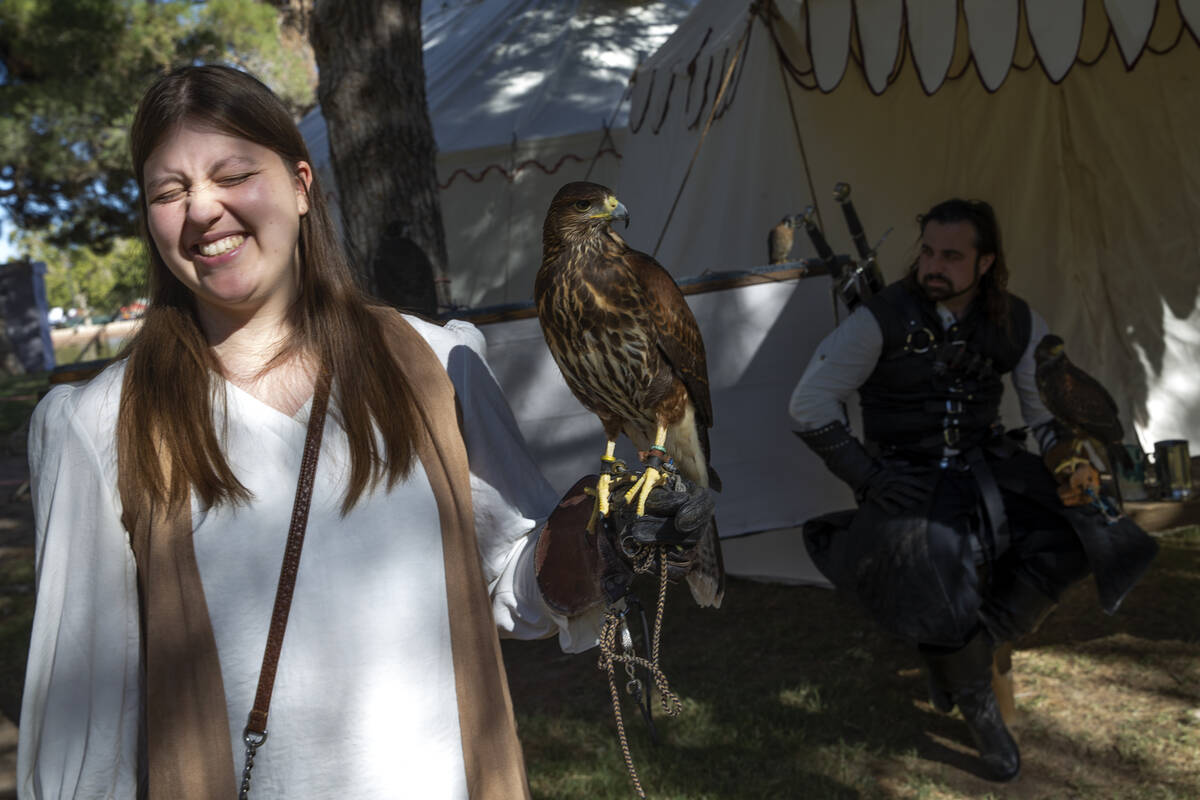 Jayden Westbrook holds Tony, a Harris's hawk, during the Age of Chivalry Renaissance Festival a ...