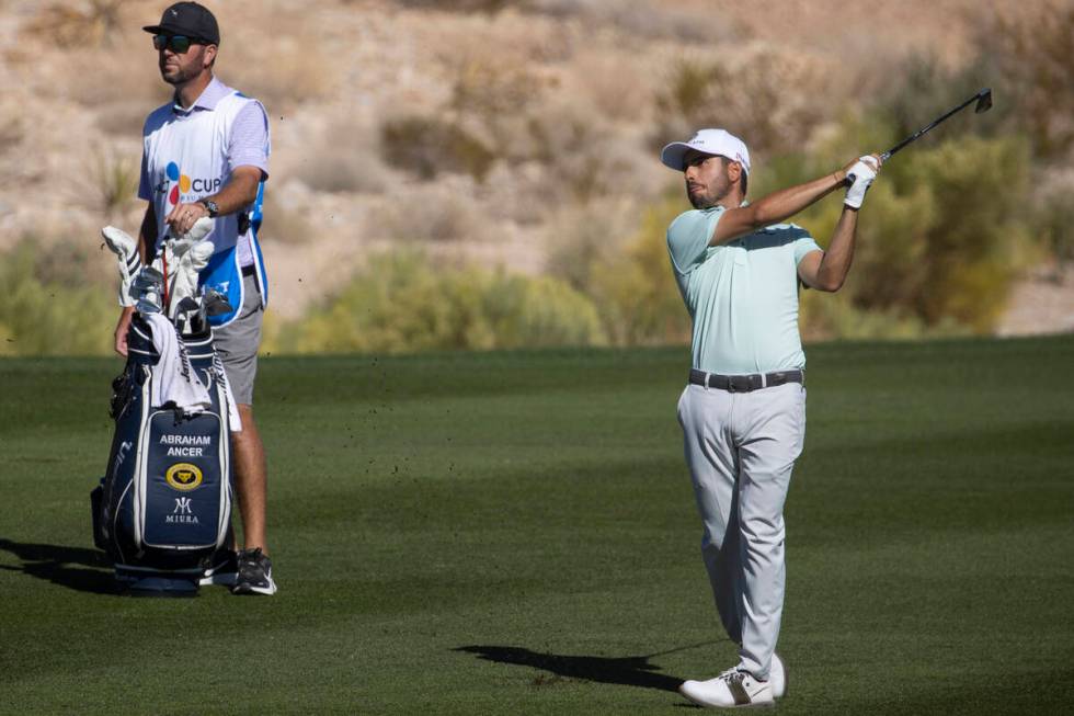 Abraham Ancer hits the ball on the 13th fairway during the third round of the CJ Cup golf tourn ...