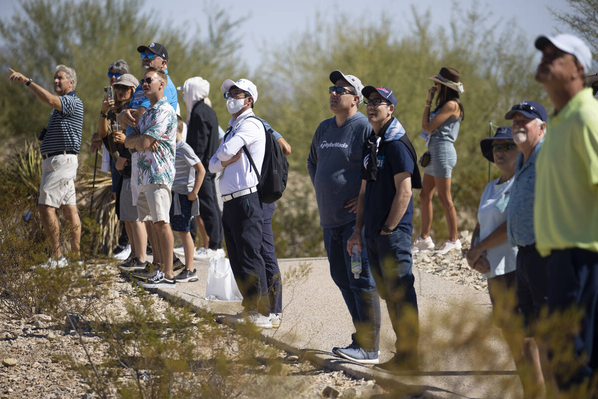 A crowd watches players hit the ball from the second tee box during the third round of the CJ C ...