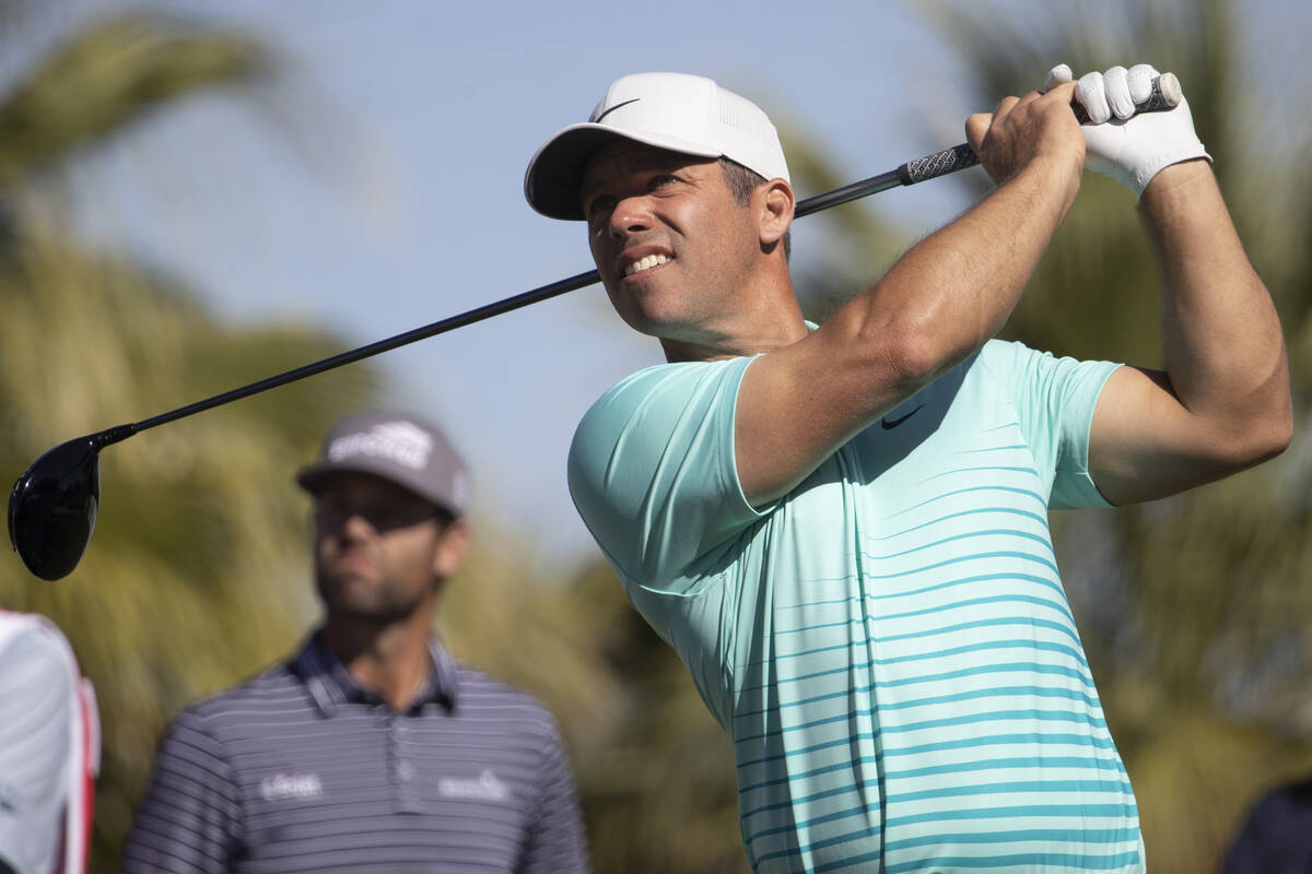 Paul Casey hits the ball from the 12th tee box during the third round of the CJ Cup golf tourna ...