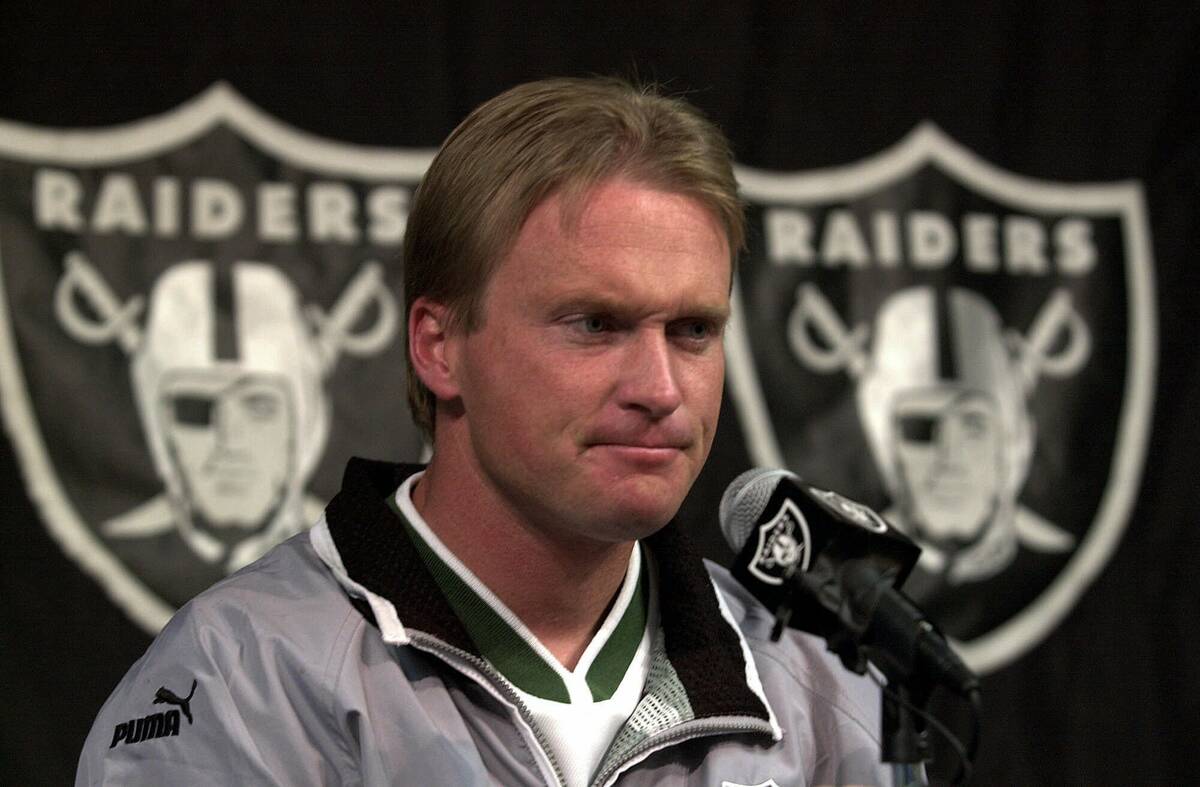 FILE - In this Jan. 14, 2001, file photo, then-Oakland Raiders' coach Jon Gruden is shown durin ...