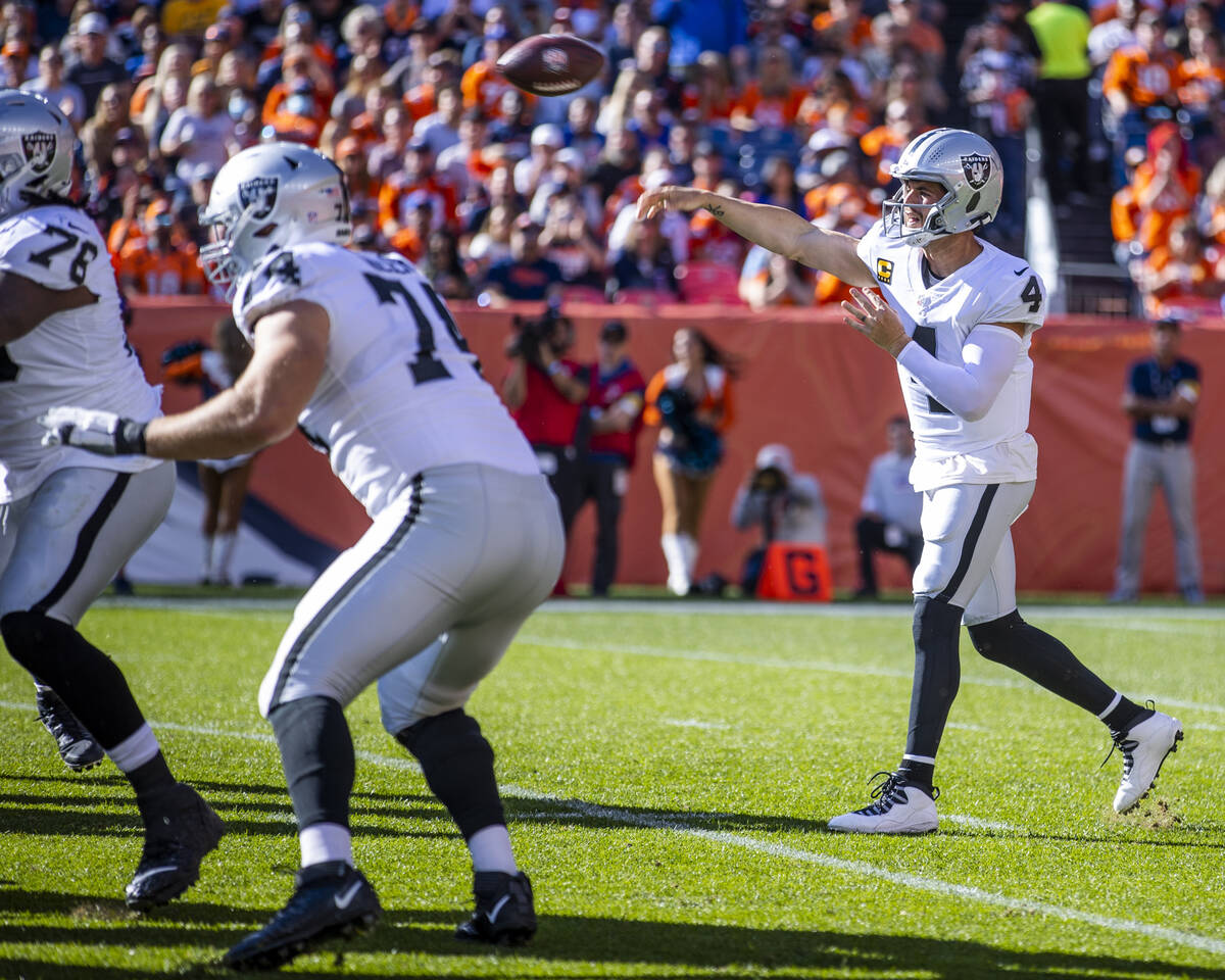 RaidersÕ quarterback Derek Carr (4) throws a pass versus the Denver Broncos during the fir ...