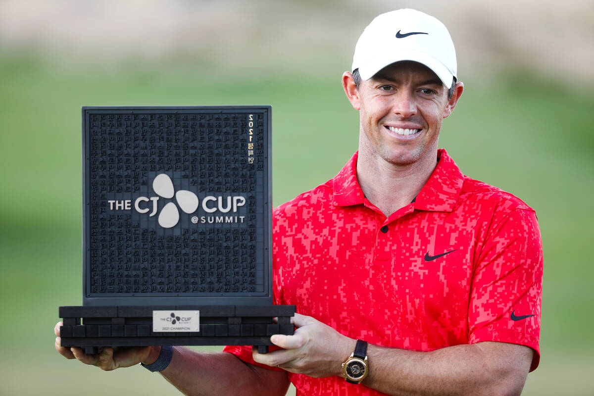 Rory Mcllroy holds his trophy after winning the CJ Cup golf tournament at the Summit Club in La ...