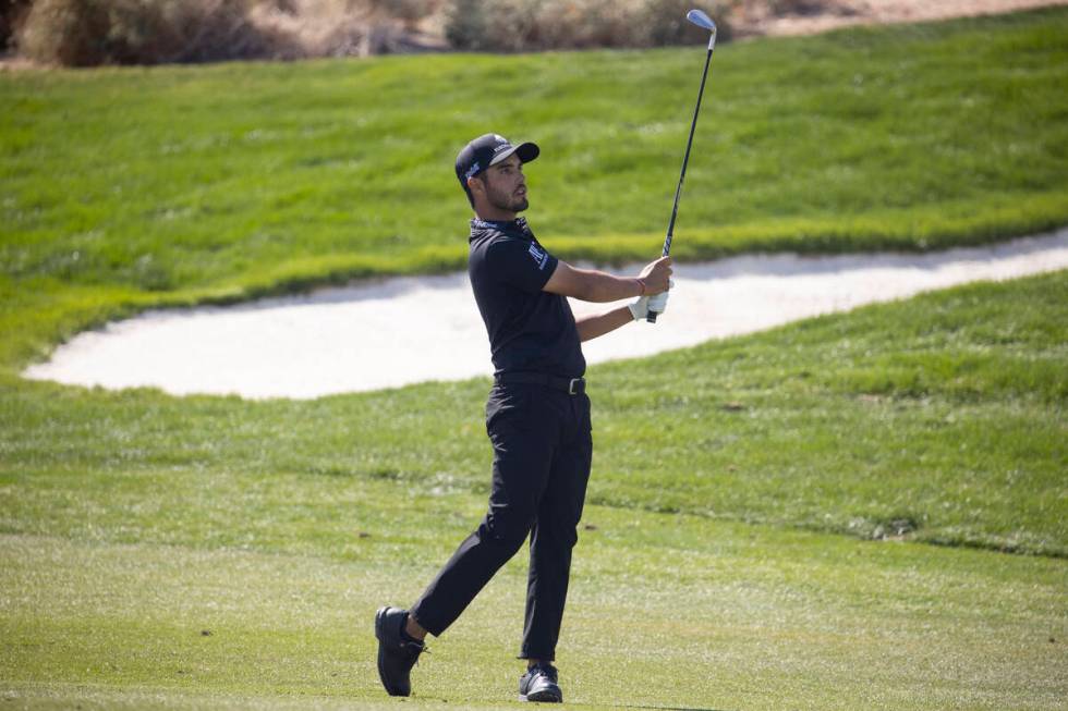Abraham Ancer hits the ball from the fourth fairway during the final round of the CJ Cup golf t ...