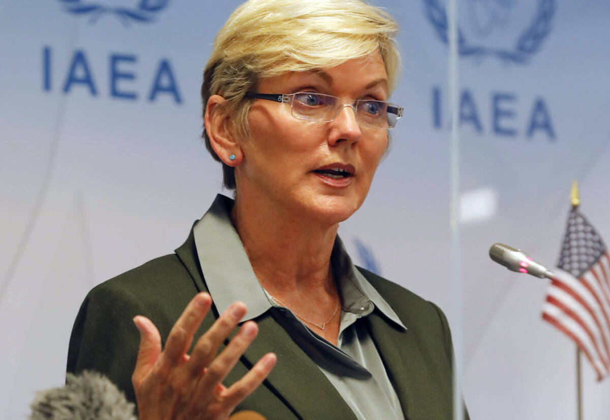 The U.S. Secretary of Energy, Jennifer M. Granholm attends a press conference at the Internatio ...