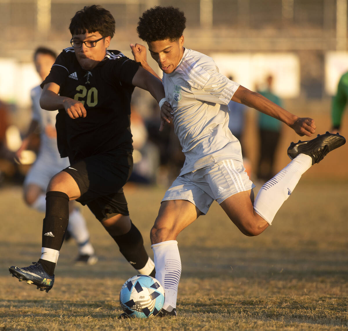 Sunrise Mountain's Michael Pelcastre Perez thwarts an attempted goal by Green Valley's Eden Hou ...