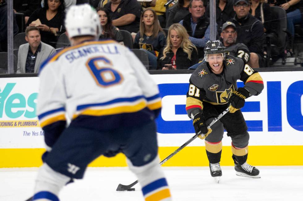 Golden Knights center Jonathan Marchessault (81) looks to pass while Blues defenseman Marco Sca ...