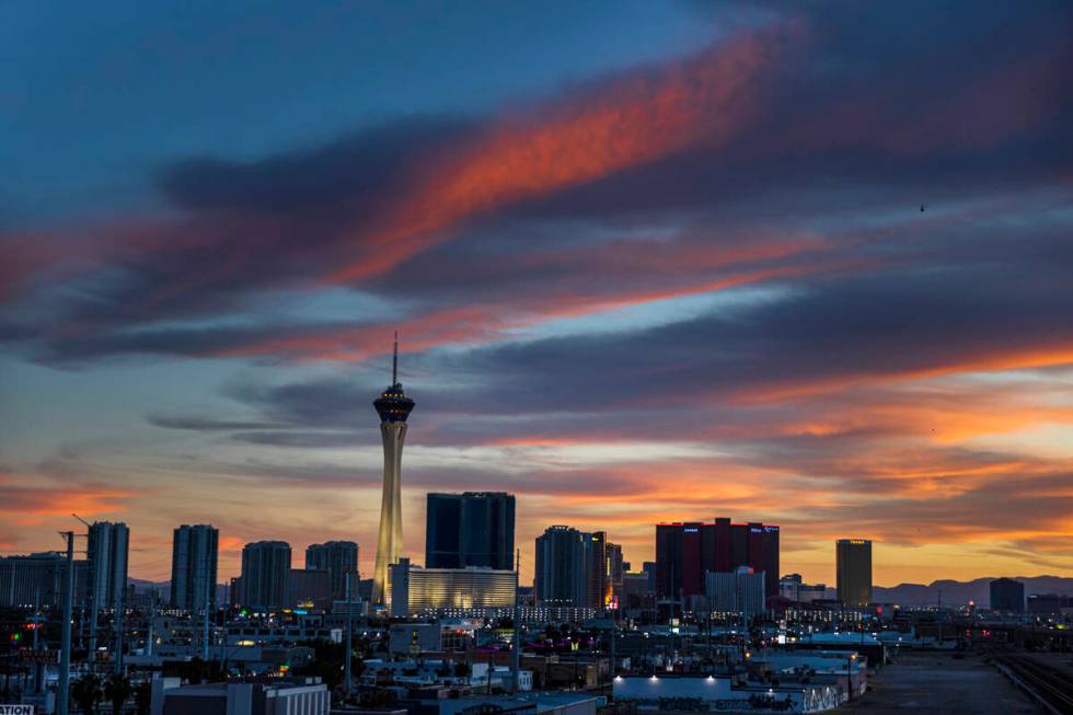 The Strip skyline at dusk on Wednesday, Oct. 20, 2021, in Las Vegas. (Benjamin Hager/Las Vegas ...