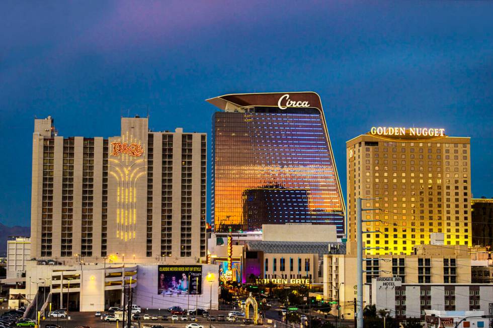 The downtown Las Vegas skyline at dusk on Wednesday, Oct. 20, 2021, in Las Vegas. (Benjamin Hag ...