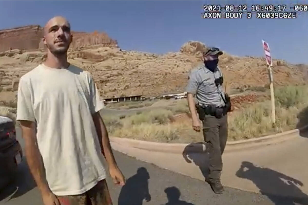 This Aug. 12, 2021 file photo from video provided by The Moab Police Department shows Brian Lau ...