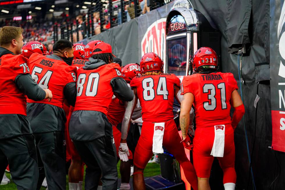 UNLV brought out a slot machine in Saturday's 28-24 loss to Utah State at Allegiant Stadium. Pl ...
