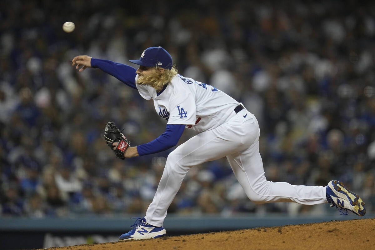 Los Angeles Dodgers pitcher Phil Bickford pitches in the seventh inning against the Atlanta Bra ...