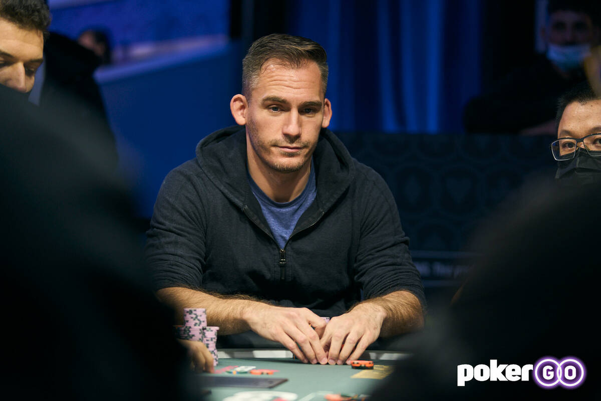 Justin Bonomo during earlier rounds of the $50,000 buy-in High Roller No-limit Hold'em eight-ha ...