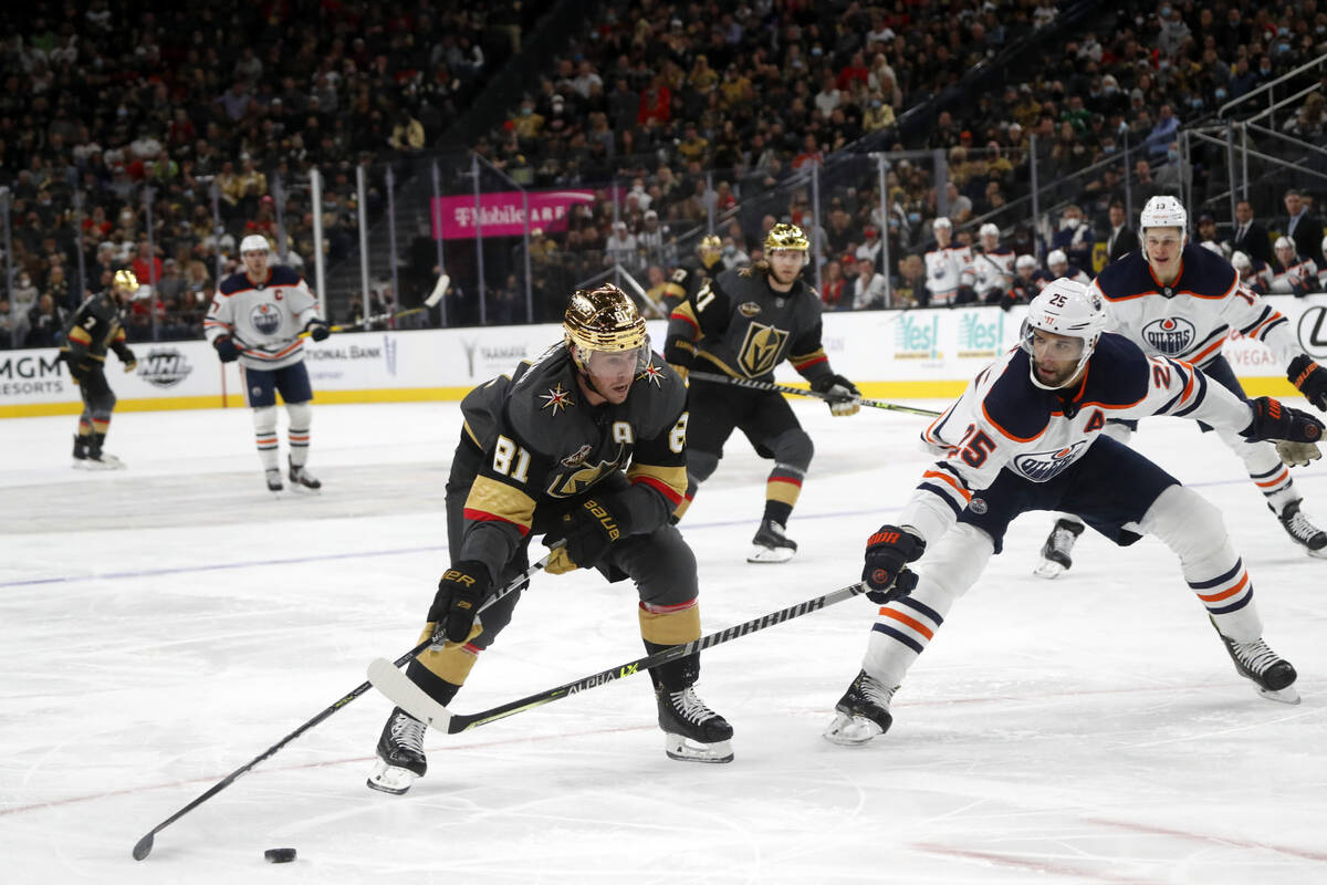 Vegas Golden Knights center Jonathan Marchessault (81) skates against Edmonton Oilers defensema ...