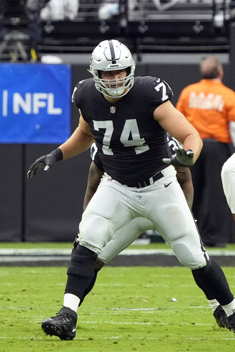 Las Vegas Raiders offensive tackle Kolton Miller (74) during an NFL football game against the C ...