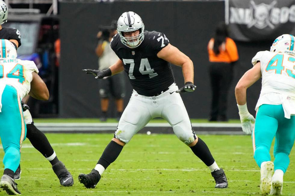 Las Vegas Raiders offensive tackle Kolton Miller (74) during an NFL football game against the M ...