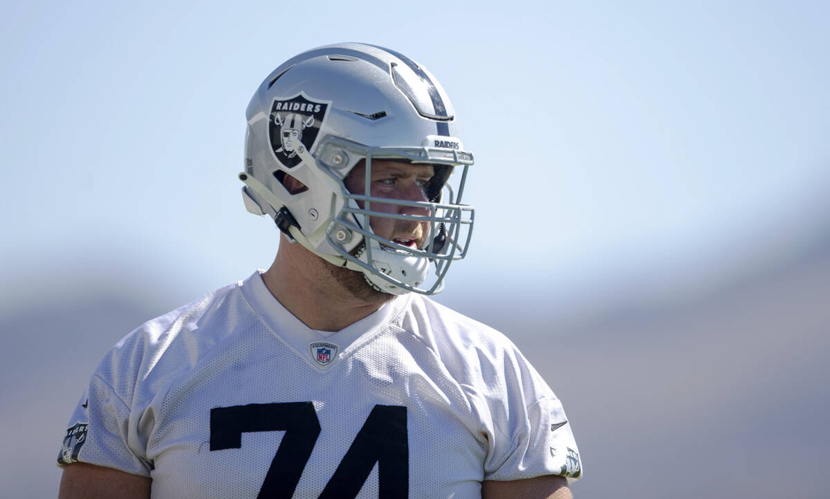 Raiders offensive tackle Kolton Miller (74) looks on during a practice session at the Raiders H ...