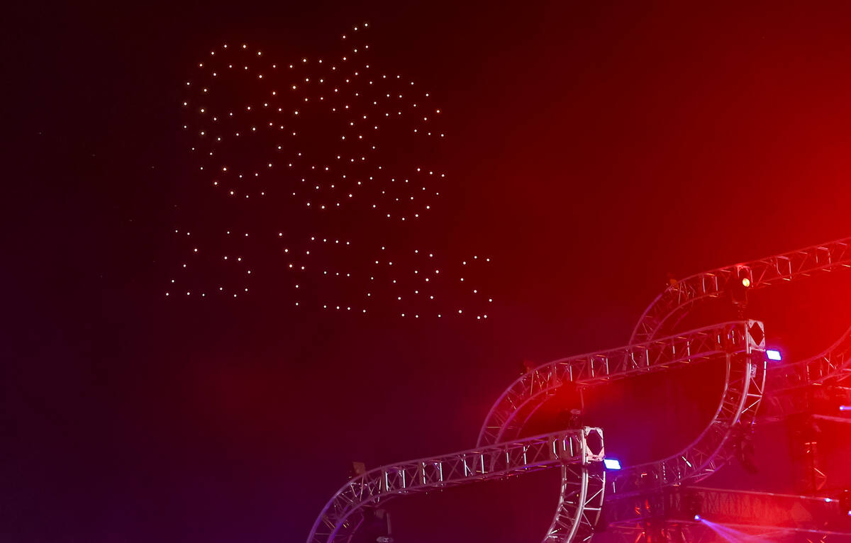A drone show lights up the sky during the second day of the Electric Daisy Carnival at the Las ...