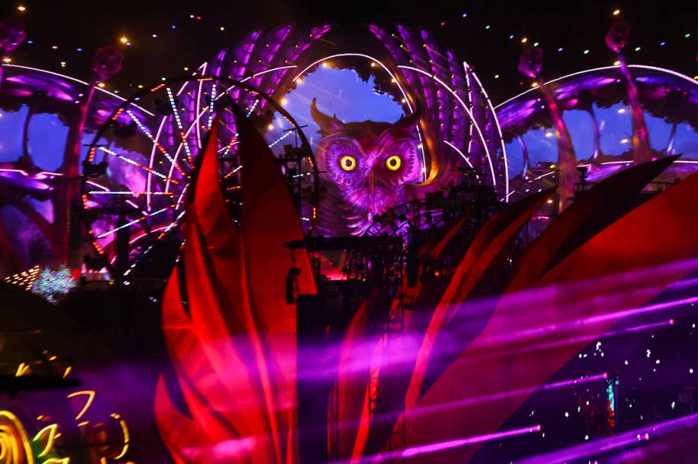 The massive owl at the Kinetic Field stage is pictured from the speedway grandstands during the ...