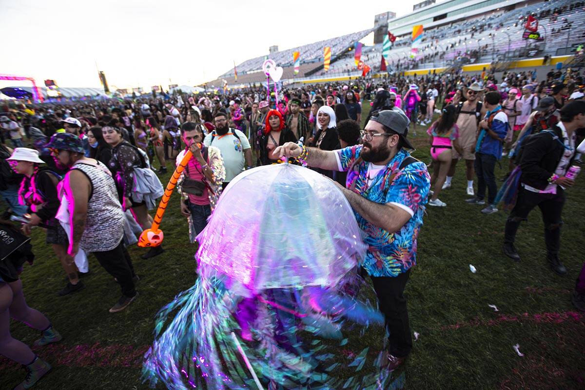 Hassan Alshar, of Riverside, Calif., dances at the Cosmic Meadow stage during the first day of ...