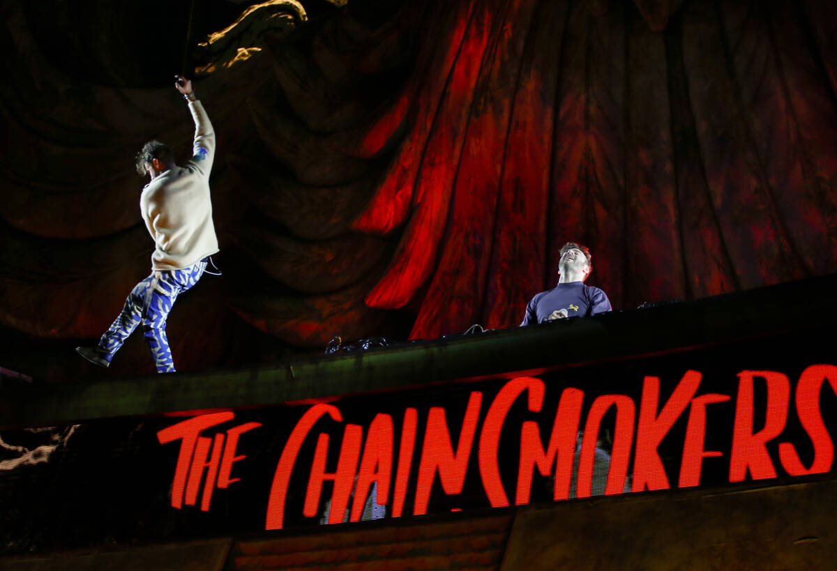 Andrew Taggert, left, and Alex Pall, of The Chainsmokers, perform at the Kinetic Field stage du ...