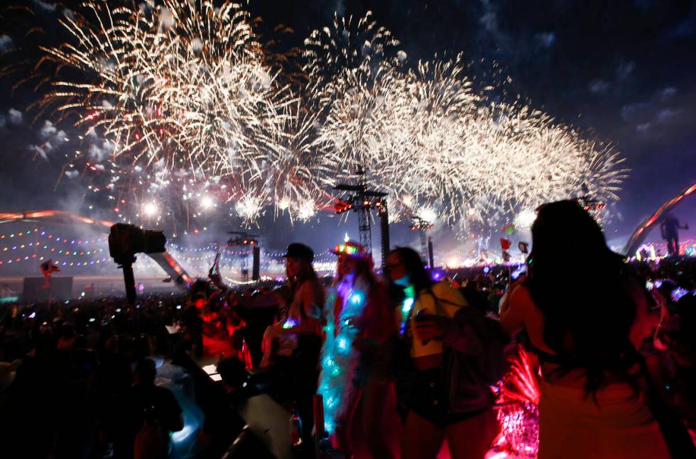 Fireworks light up the sky as seen from the Kinetic Field during the first day of the Electric ...