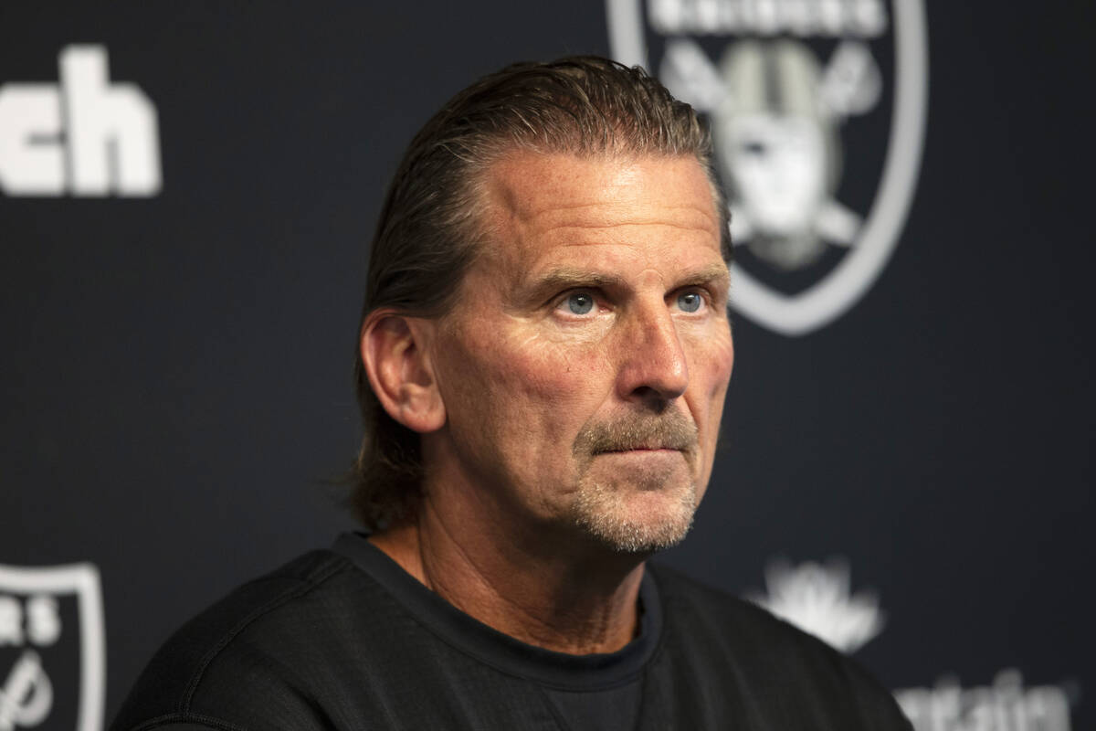 Raiders offensive coordinator Greg Olson takes questions during a practice session at the Raide ...