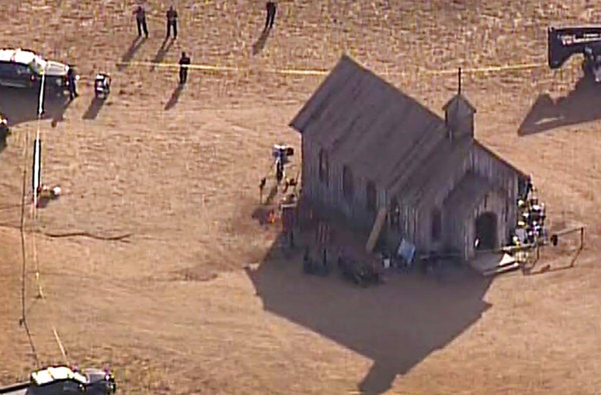 An aerial video image provided by KOAT 7 News, shows Santa Fe County Sheriff's Officers respond ...