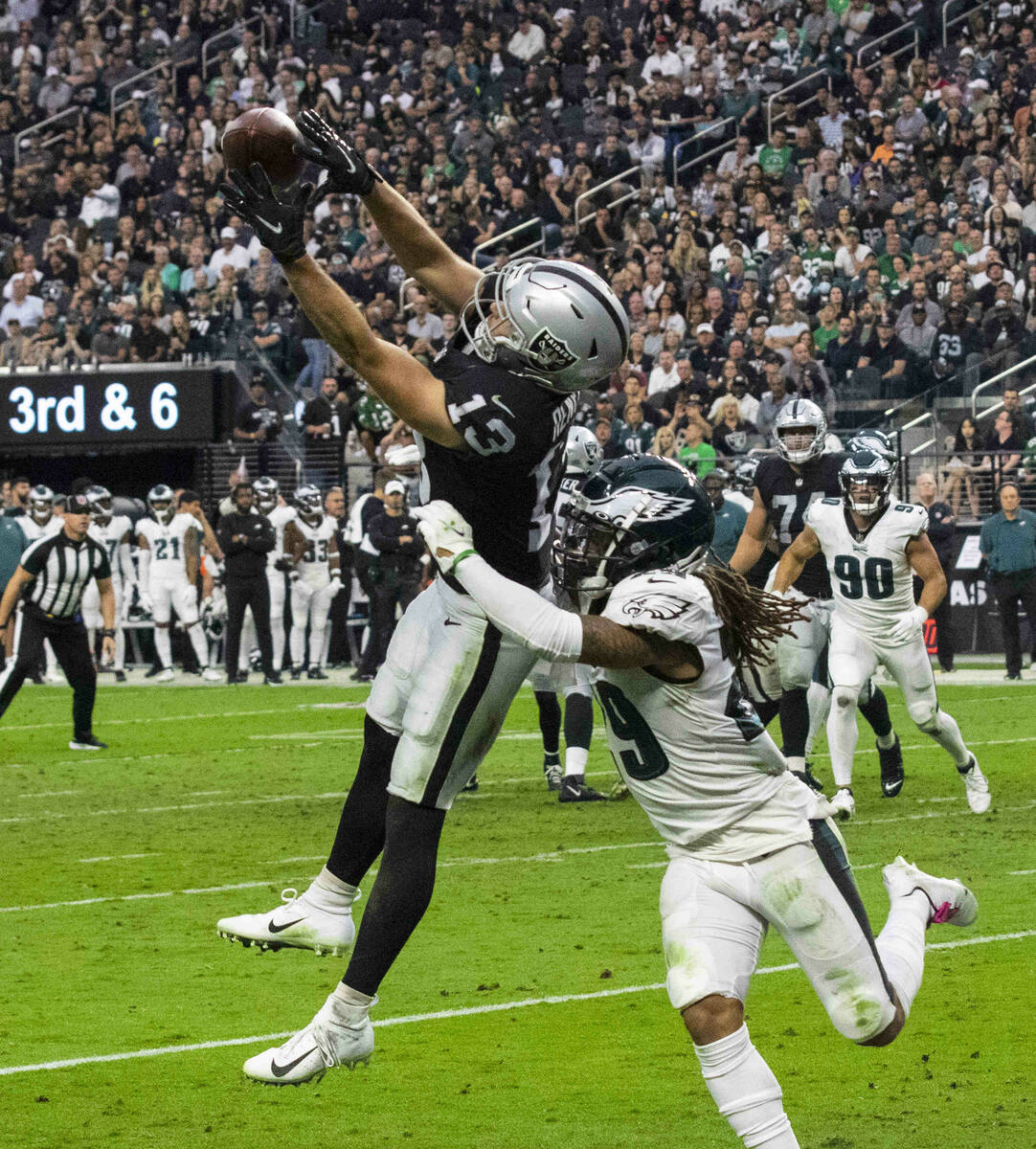 Raiders wide receiver Hunter Renfrow (13) catches the ball as Philadelphia Eagles free safety A ...