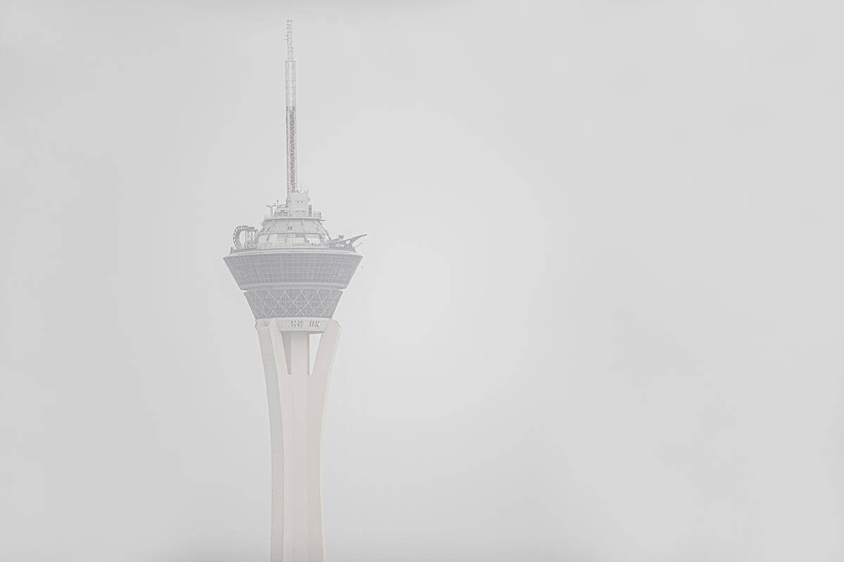 The Strip is hammered with high winds and dust on Monday, Oct. 11, 2021, in Las Vegas. Similar ...