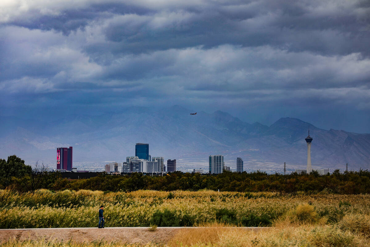 The Strip seen from the Clark County Wetlands in Las Vegas, Monday, Oct. 25, 2021. Wind gusts r ...