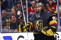 Golden Knights goaltender Marc-Andre Fleury (29) looks on during a break in play in the first p ...