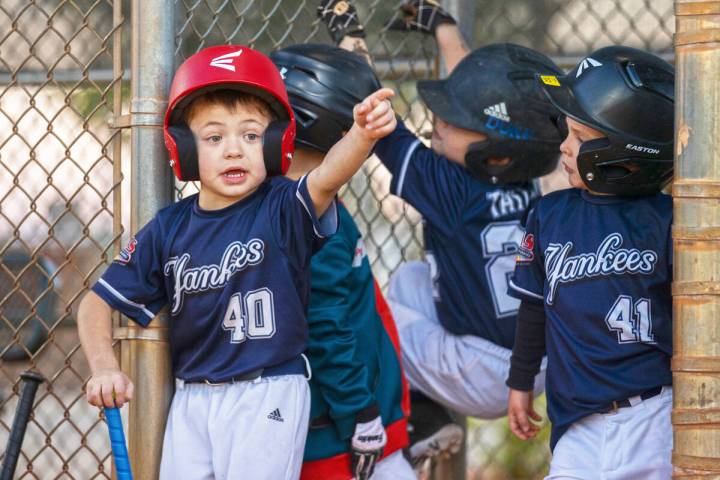 Yankees player Rhiatt Eisenman (40) waits to bat during a tee ball game at Mountain Ridge Littl ...