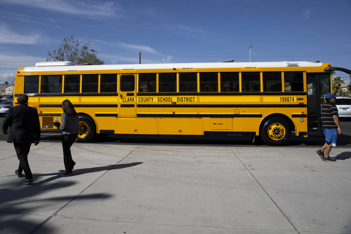 This Oct. 6, 2021, file photo shows a Clark County School District bus in Las Vegas. (Erik Verd ...