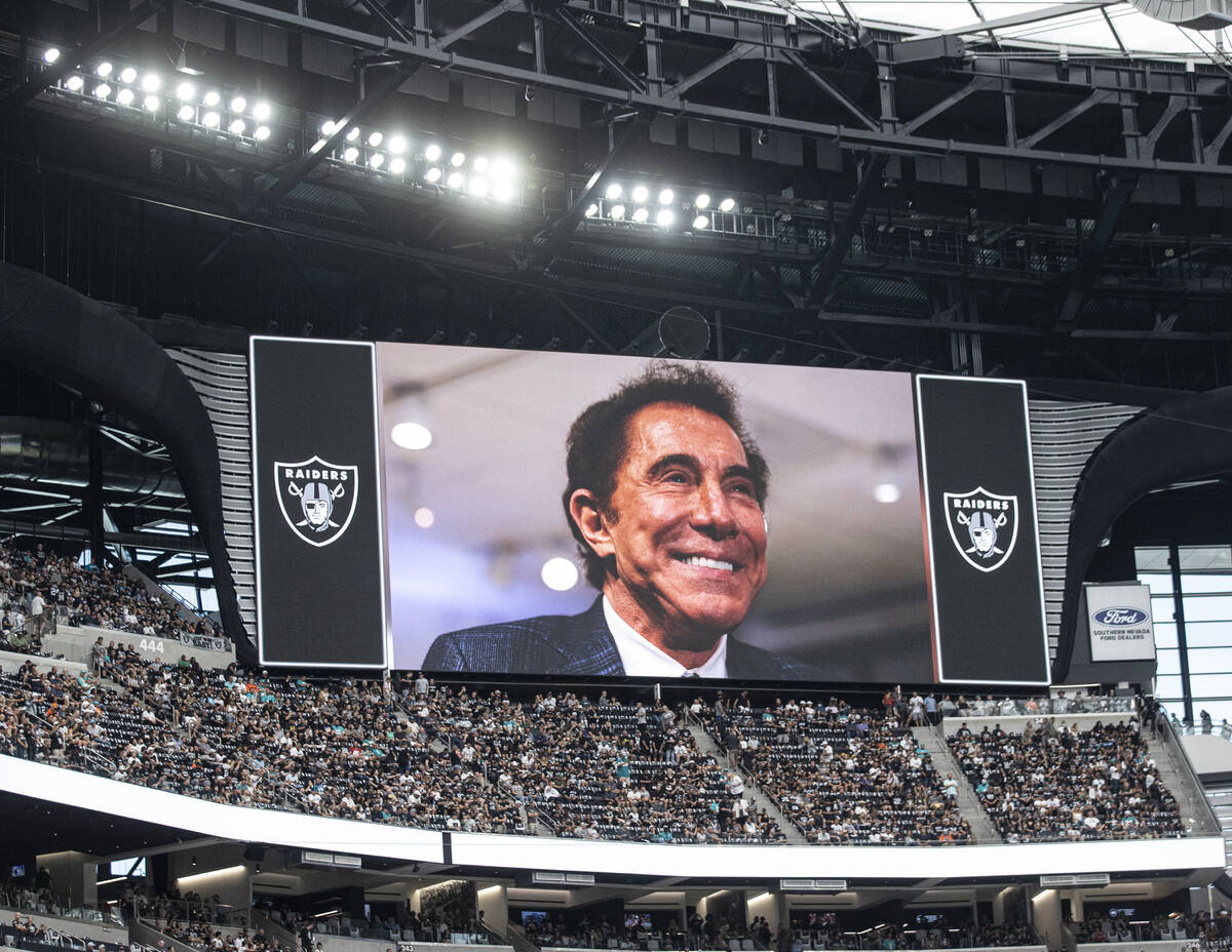 Steve Wynn is honored before the start of an NFL football game between the Raiders and the Miam ...
