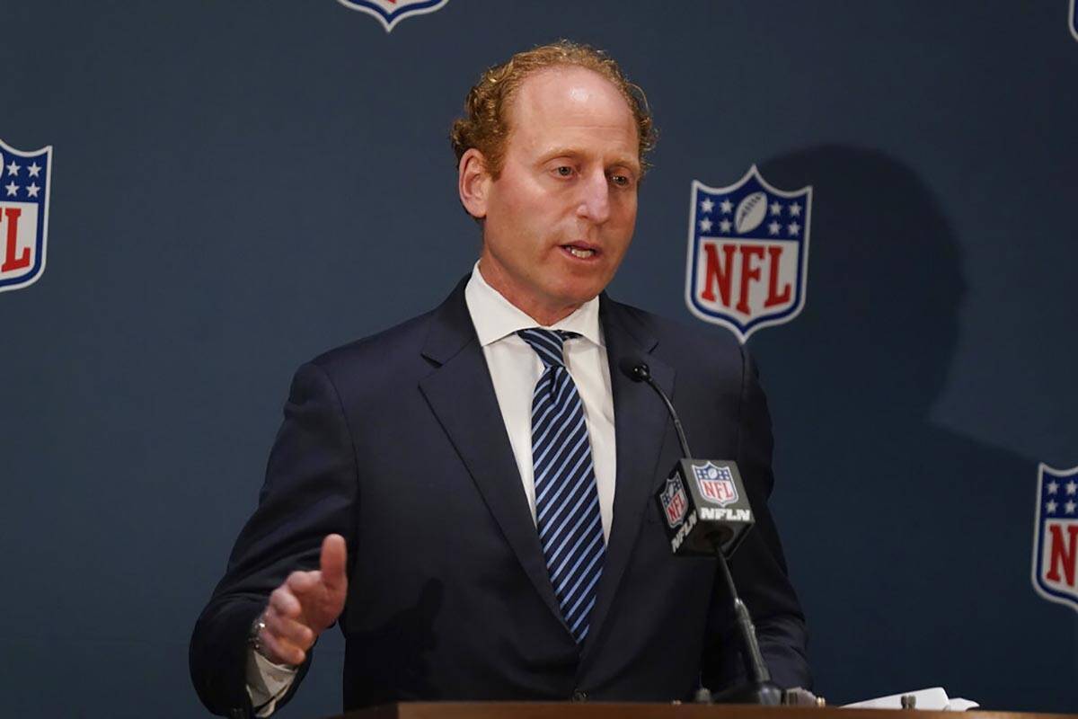 Jeff Miller, Executive Vice President of Communications at the NFL, speaks to reporters during ...