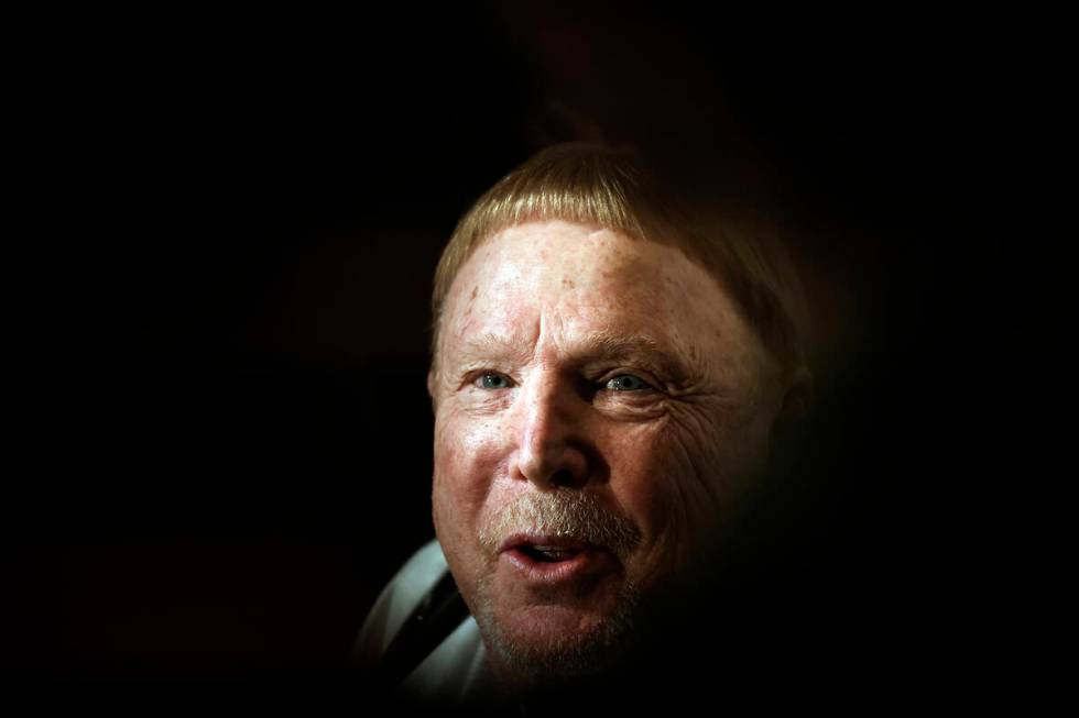 Mark Davis, owner of the Las Vegas Raiders, talks to reporters as he leaves the NFL owners meet ...