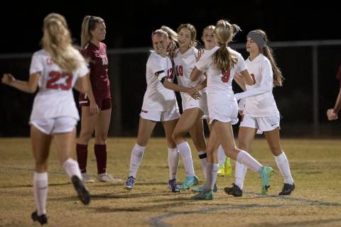Coronado's Xayla Black (10) celebrates a goal with teammates in the first half during a girls h ...