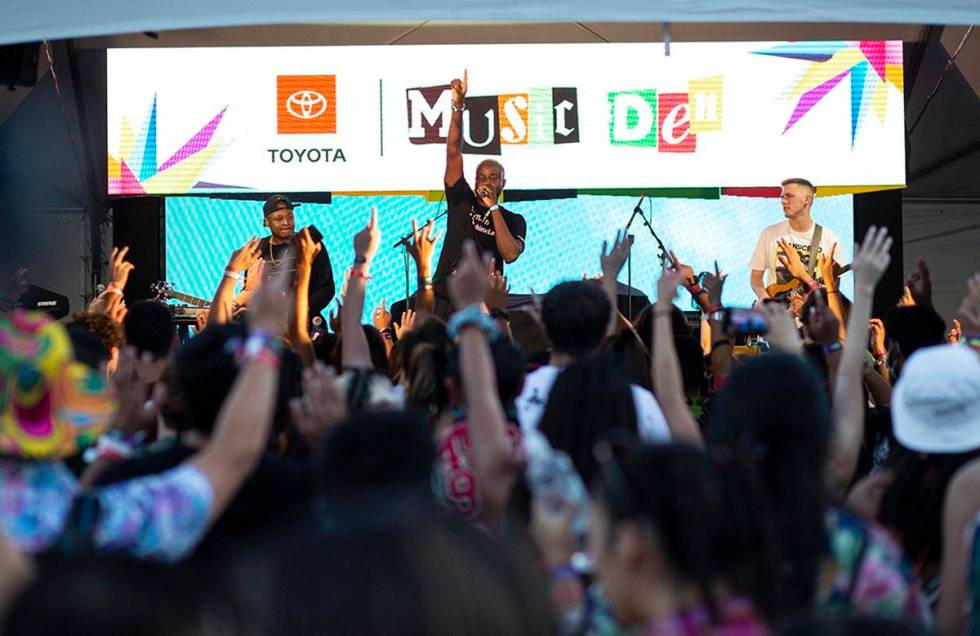 Odie, center, performs at the Toyota Music Den during the final day of the Life is Beautiful fe ...
