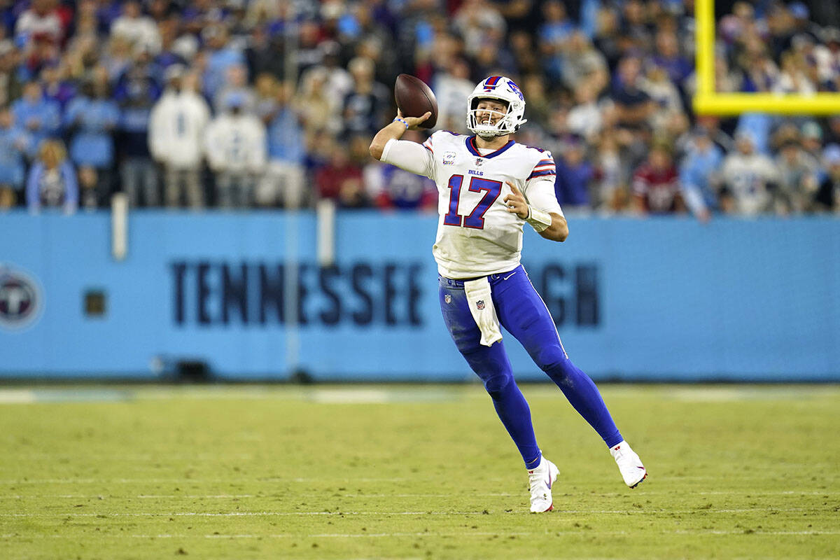 Buffalo Bills quarterback Josh Allen (17) throws a pass during a Monday Night NFL football game ...