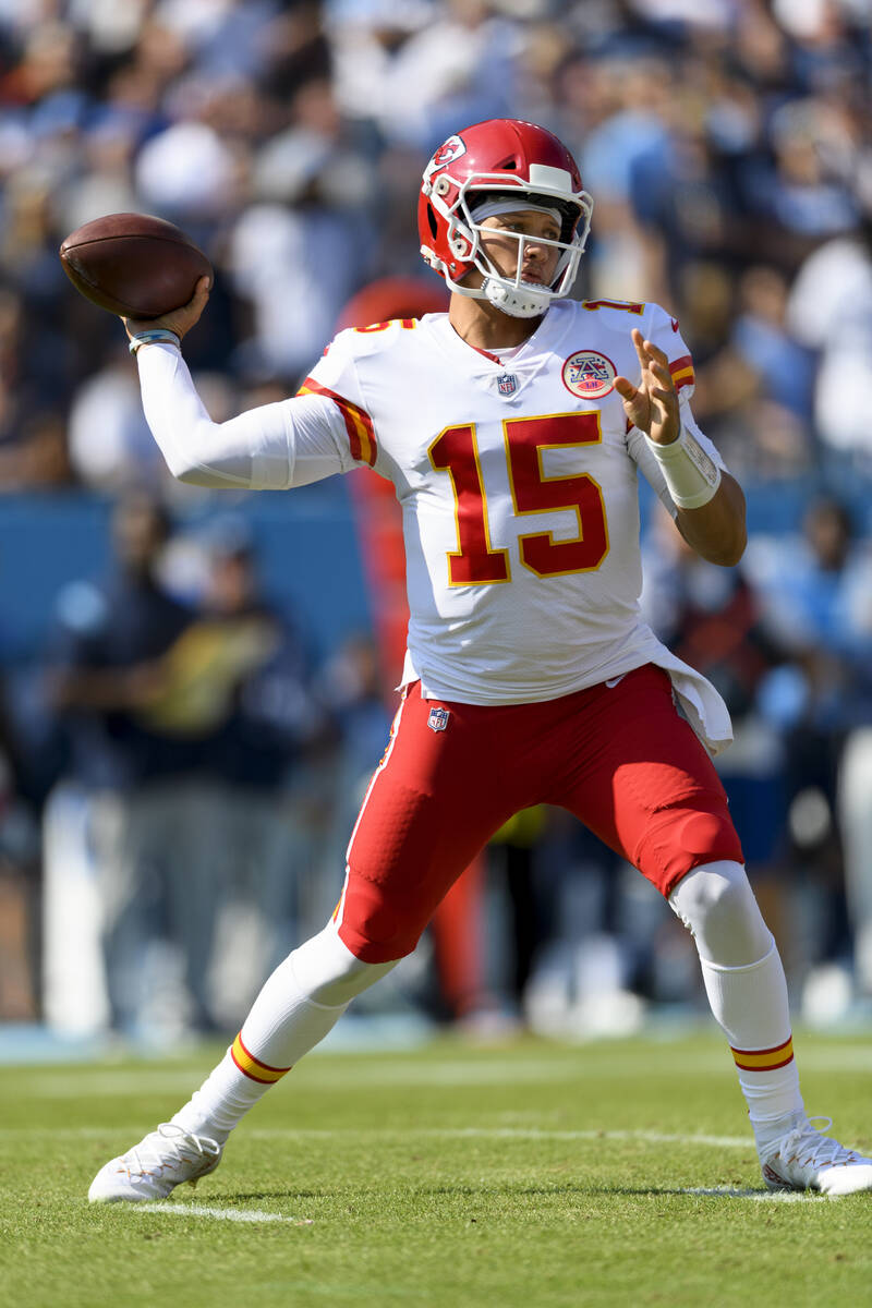 Kansas City Chiefs quarterback Patrick Mahomes (15) plays during an NFL football game against t ...