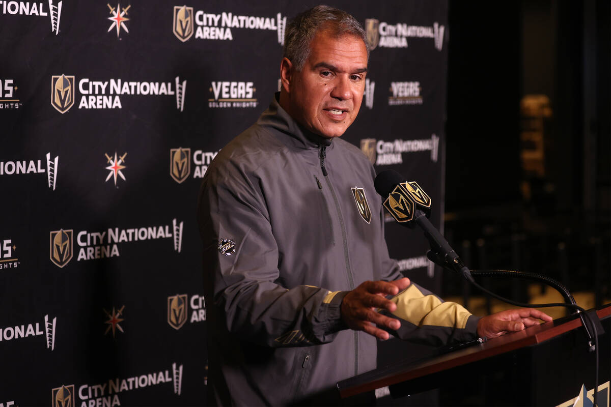 Henderson Silver Knights coach Manny Viveiros speaks during rookie camp press conference at Cit ...