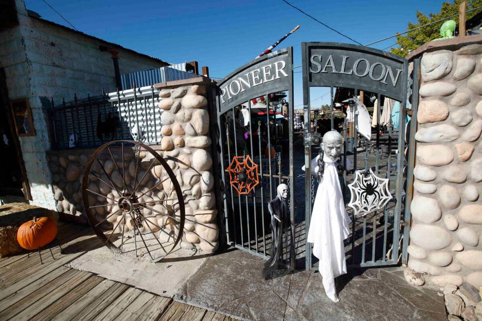 Halloween decorations are seen at the Pioneer Saloon, Thursday, Oct. 28, 2021, in Goodsprings, ...