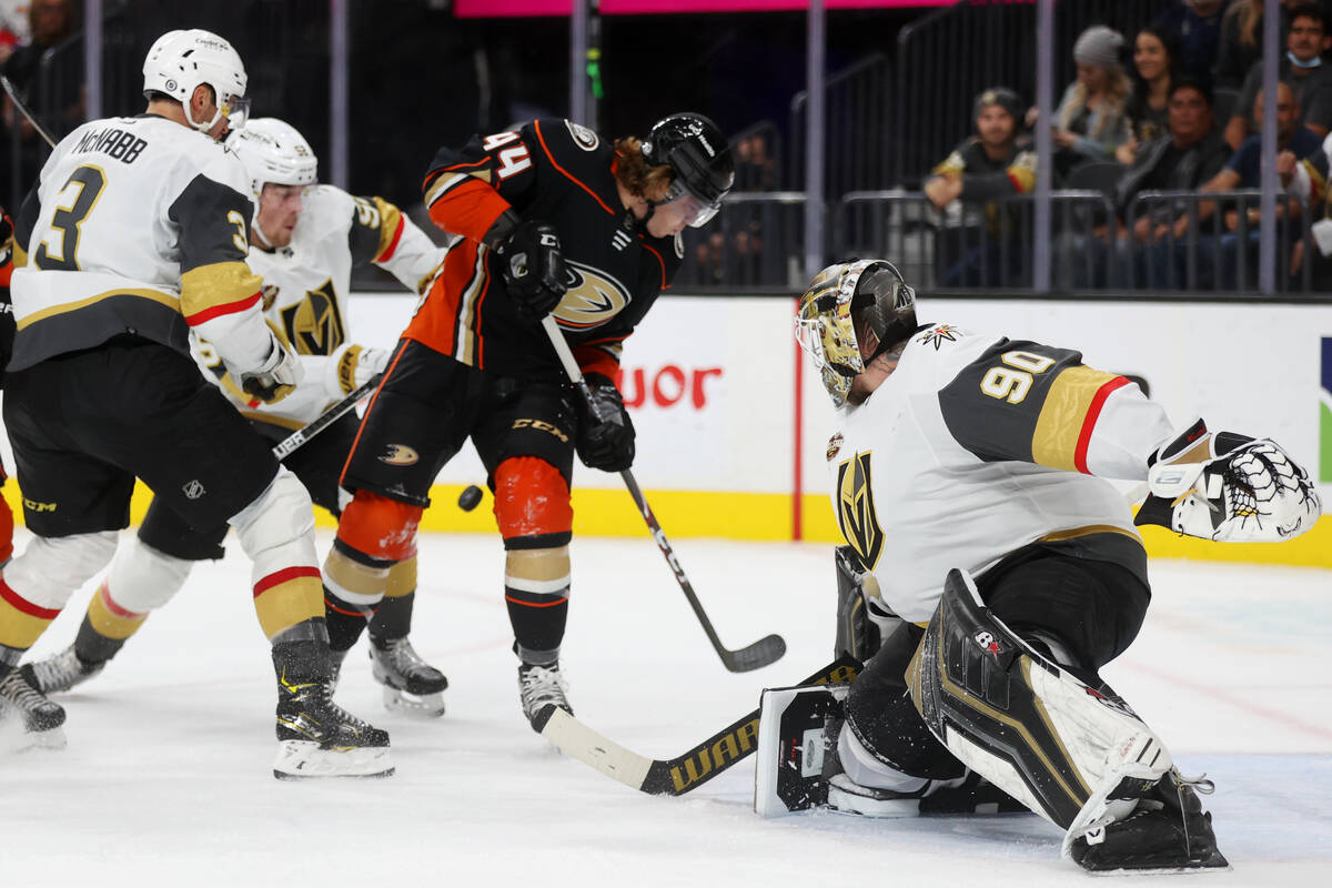 Vegas Golden Knights goaltender Robin Lehner (90) defends the goal from Anaheim Ducks left wing ...