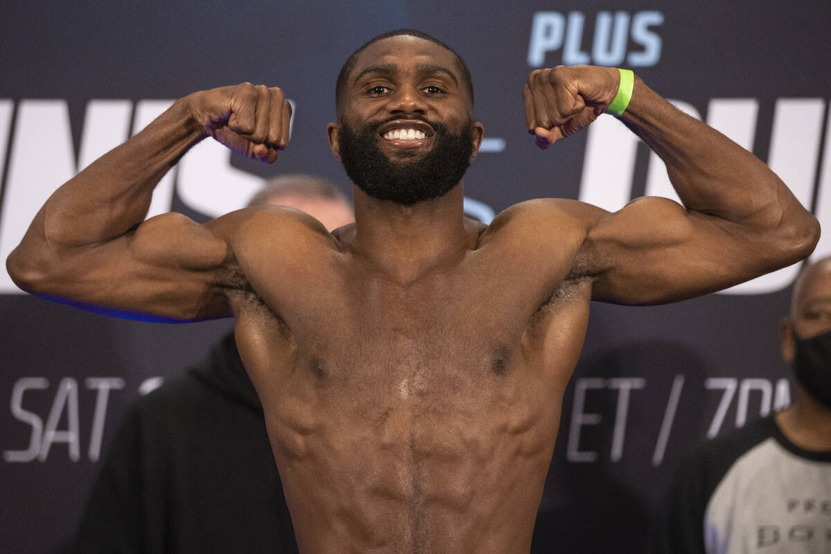 Jaron Ennis poses during his weigh in at the Michelob Ultra Arena in Las Vegas, Friday, Oct. 29 ...